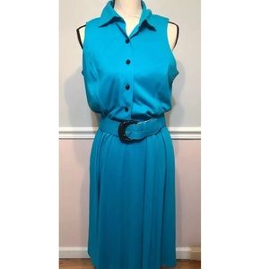 Vintage Womens Sz 12 Turquoise Dress Belted Sleeveless Has Pockets 80’s JO RO